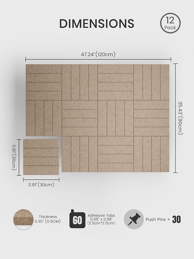 Bumusty 48"x 36" Large Felt Bulletin Board Tiles, Taupe | 12-Pack Cork Board Alternative, Wall Decor, 30 Pushpins, 60 Adhesive Tabs, Vision Board, Office, Classroom, Home, Dorm - Image 2