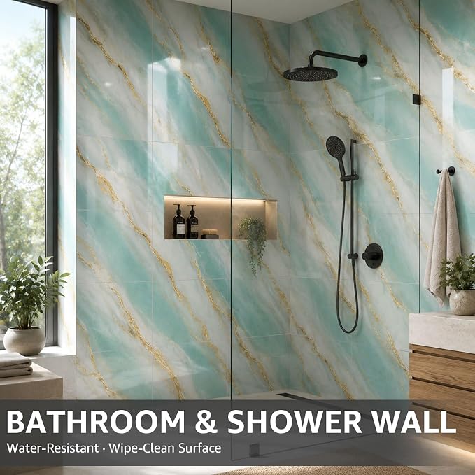 WADILE 20PC Waterproof Peel and Stick Wall Panels 11.8 x 11.8 Green | Marble look, Self adhesive, PVC Panels, Lightweight Foam Wall Panels, Bathroom, Kitchen, Not Real Tile - Image 6