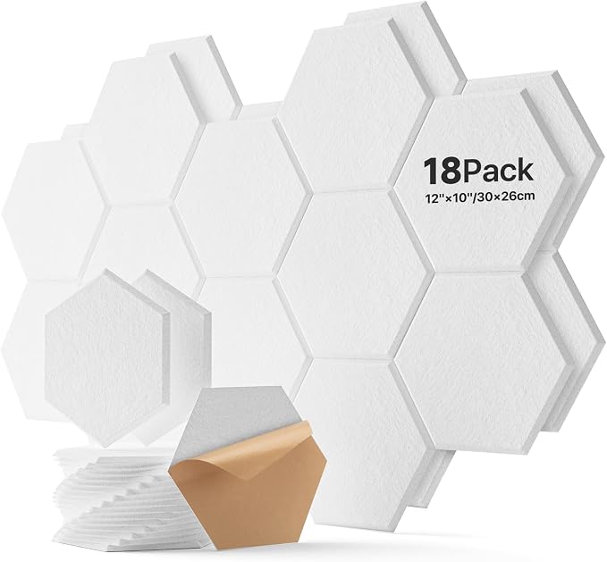 Soundsbay Hexagon Acoustic Panels, Self-Adhesive 18 Pack Sound Panels | 150kg/m³ High-Density Polyester, Covers 15 sq ft Soundproof Wall Panels for Walls, Office, Ceiling 12" X 10" White by Soundsbay