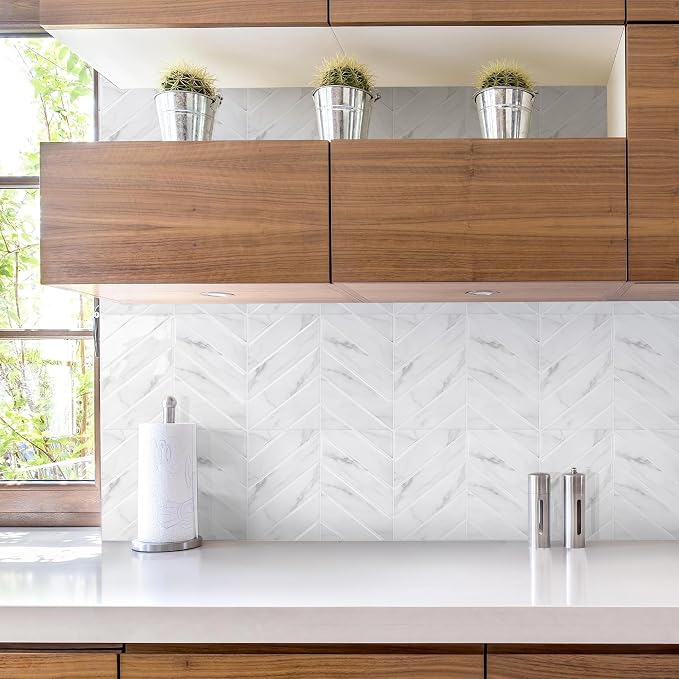 STICKGOO Herringbone Peel and Stick Backsplash, White Marble, 10 Sheets | 12.6 x 9.7 in, Thicker Rectangular Vinyl Stick-On Wall Tiles, Easy Alignment, Waterproof, Easy to Clean, Kitchen/Bathroom - Image 3