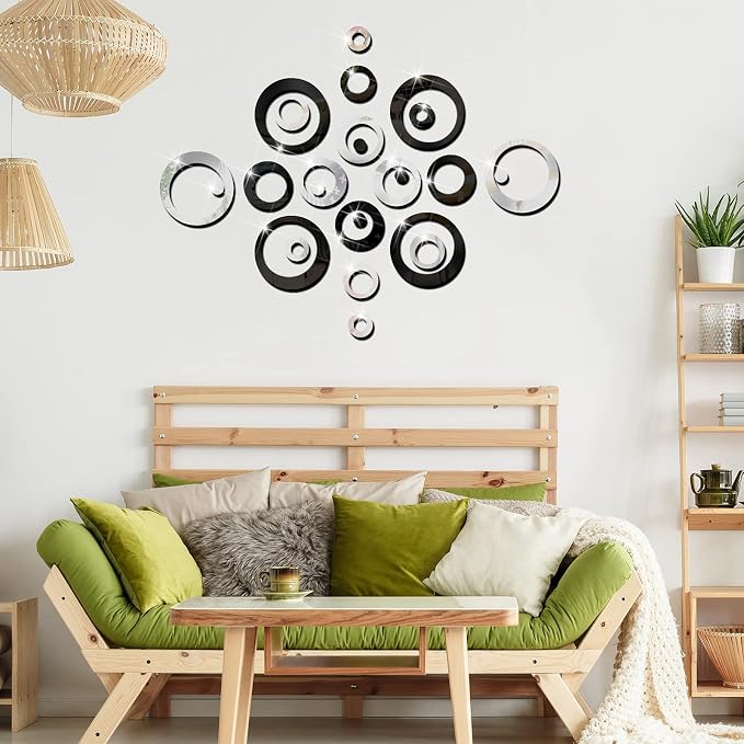 Outus 72 Pieces Wall Stickers Decor Acrylic Circle Mirror Removable Black and Sliver Wall Decor Round Dots DIY Red Living Room Decals Modern Art Murals for Home Bathroom Bedroom Decoration - Image 2