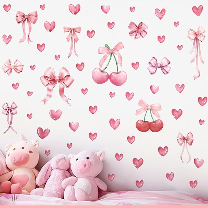 Arawat 58pcs Bowtie and Cherry Room Decor Pink Wall Stickers and Decals for Bedroom Bathroom and Living Room Cherry Wall Sticker and Decal Bow Decor - Image 4