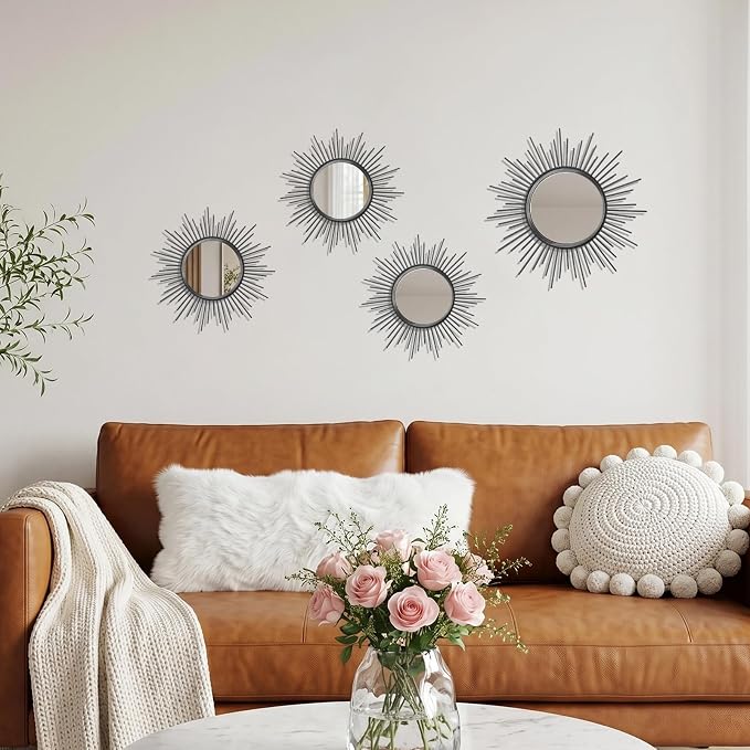 4 Pieces Gold Sunburst Wall Mirror Set Modern Metal Circles for Home Decor - Image 4