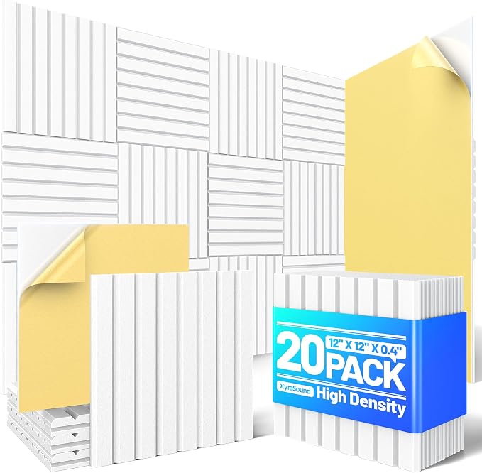 20 Pack Sound Proof Foam Panels for Walls, Acoustic Panels Self-Adhesive | 12" X 12" X 0.4" Slatted Soundproof Wall Panel, High Density Sound Absorbing Panel for Gaming Recording Studio Decor-White by Unknown