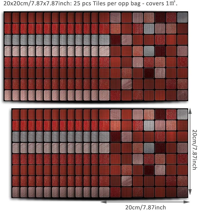 Alwayspon 25 Pcs Brushed Silver Peel and Stick Tile Decal, Water-Proof Backsplash Wall Tile Sticker for Kitchen Bathroom Decor, Red Metallic Mosaic, 8x8inch - Image 5