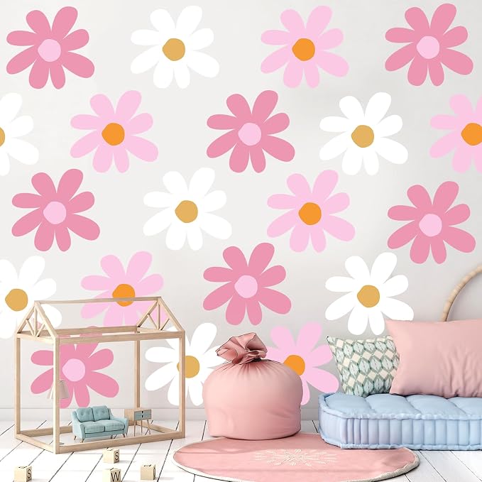 TaoBary 12 Sheet Big Daisy Wall Sticker Decal Pink White Flower Wall Decal | Large Flower Wall Sticker, Floral Decal, Daisy Bedroom Room Decor, Removable Peel and Stick, Nursery Home Wall Decor by TaoBary