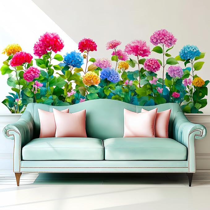 Colorful Hydrangea Floral Flower Border Removable Wall Decals Decor Sticker | Green blooms plants removable vinyl peel and stick art wall stickers mural for living room bedroom kitchen bathroom office - Image 4