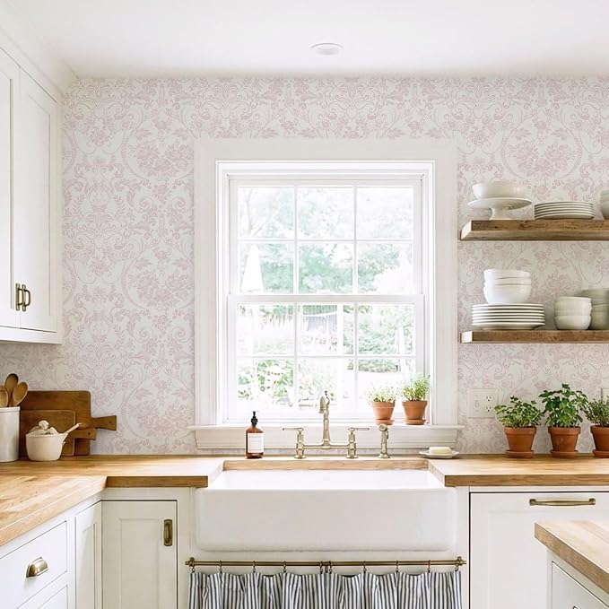 Ismoon Peel and Stick Wallpaper Pink Contact Paper 17.3in x 6.56ft Vintage Floral Wallpaper Boho Damask Removable Textured Wall Paper for Bedroom Bathroom Shelf Cabinet Décor - Image 5