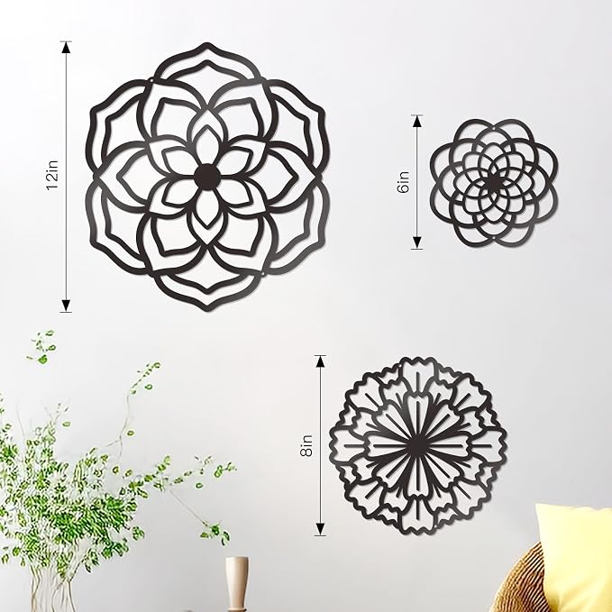 Zzbakress 3 Pcs Metal Flowers Wall Decor Black Wall Decoration Metal Flower Art Farmhouse Wall Decor Multiple Flowers Hanging Decor for Bathroom Living Room Kitchen Garden Office (Black Retro) | Farmhouse Flower Bathroom Decor Wall Decorations For Bath... - Image 3