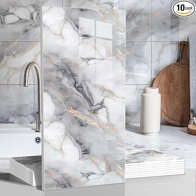 10pcs Marble Peel and Stick Waterproof Wall Panels,Heat-Resistant Backsplash Tile, 23.6"x11.8" PVC Foam Wall Sticker for Kitchen,Living Rooms,TV Walls,Colorful (Not Real Tile 19.4Sq. Ft.) by Chejiaye