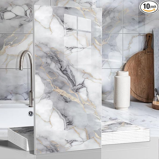 10pcs Marble Peel and Stick Waterproof Wall Panels,Heat-Resistant Backsplash Tile, 23.6"x11.8" PVC Foam Wall Sticker for Kitchen,Living Rooms,TV Walls,Colorful (Not Real Tile 19.4Sq. Ft.) by Chejiaye