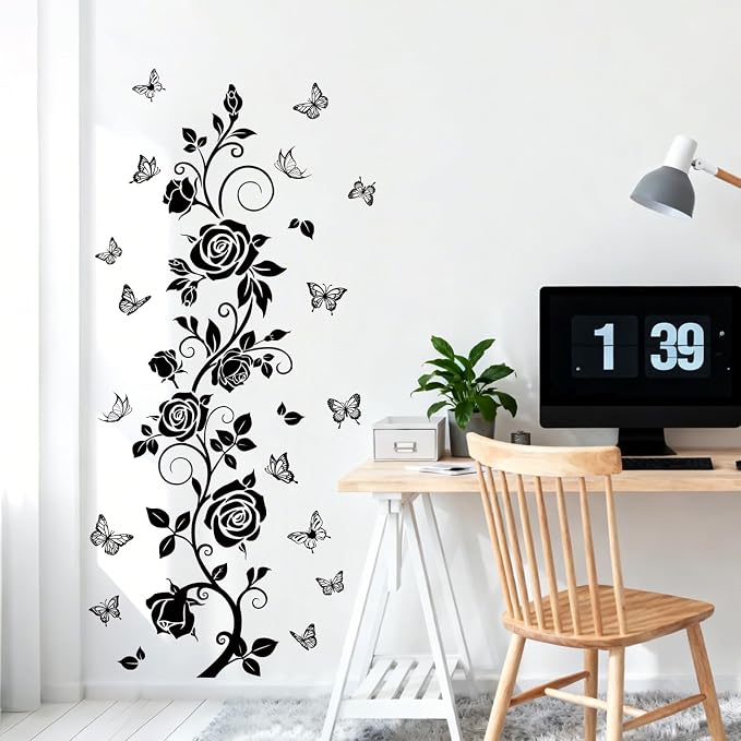 Flower Vine Decals Flying Butterfly Black Floral Wall Stickers Removable Wall Art Decor for Living Room Bedroom - Image 3