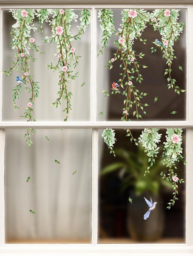Hanging Vine Wall Stickers - Bird Green Leaves Flowers Decal Peel and Stick Removable Wall Art for Bedroom Living Room Nursery Window Glass Home Decor,30.5 cm x 50.5 cm - Image 2