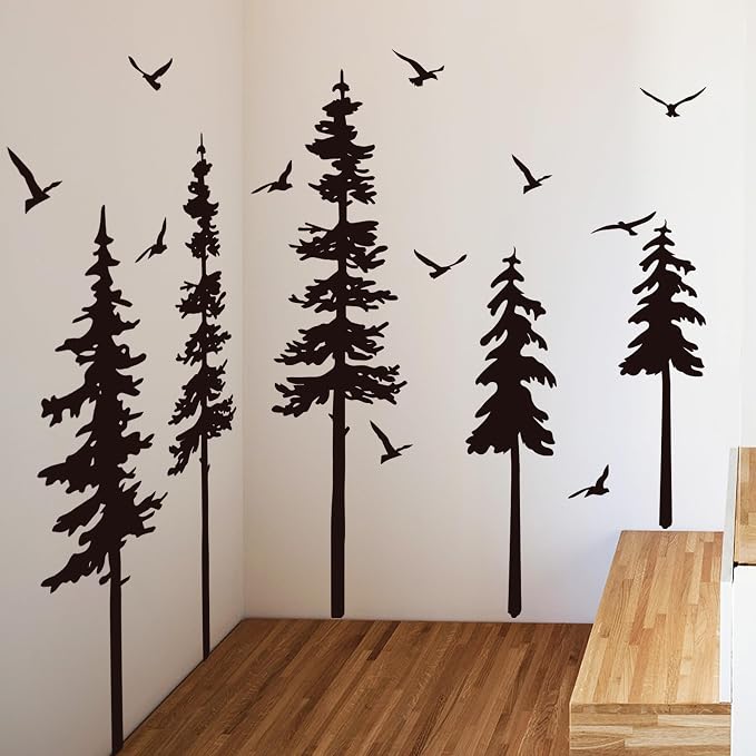 Large Pine Trees Wall Decals Black Forest Wall Stickers Christmas Decoration Wallpaper Woodland Animal Birds Mural Decals Peel and Stick Vinyl Wall Art Stickers for Bedroom - Image 6