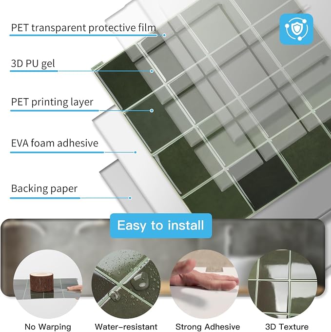 Art3d Grid Design Peel and Stick Backsplash, 10-Pack, 12 x 12 in, Green | Enhanced Thickness, Strong Adhesion, Moisture Resistant, Long-Lasting, Minimalist Look, DIY Friendly, for Kitchen Countertops - Image 5