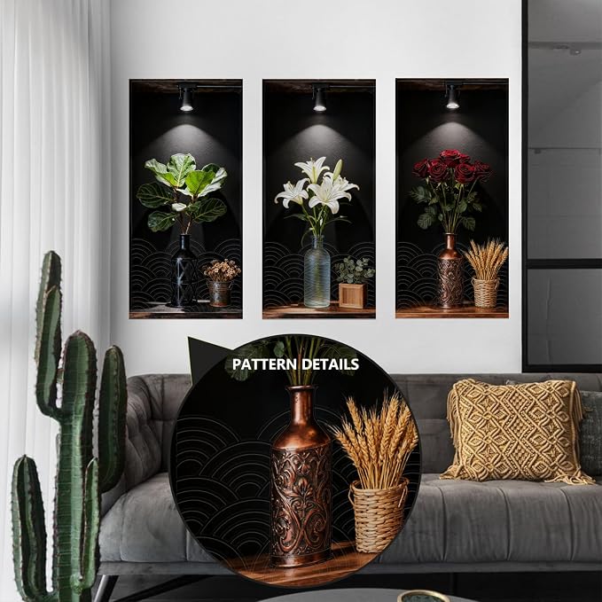 Dark Botanical Style Triptych Wall Stickers, 3 Sheets Floral Wall Decals with Lily Rose and Fiddle Leaf Fig on Shadowed Background, Peel and Stick Wall Murals Decor for Bedroom Living Room - Image 5