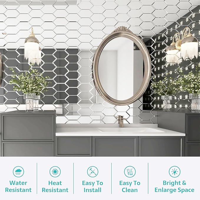 Peel and Stick Beveled Mirror Tile, 4x6 Inch Mirror Backsplash Tiles Long Hexagon for Kitchen Bathroom Wall Light Antique 30 Pcs, 4.8 SQ.FT - Image 5
