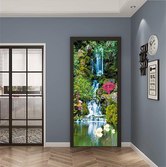 artfanke 3D Peel and Stick Door Sticker 30.3"x78.7"- Self-Adhesive Door Wallpaper Murals Decal-Waterfall Swan Wall Poster for Home Decor (2 Sheets/Set) - Image 7