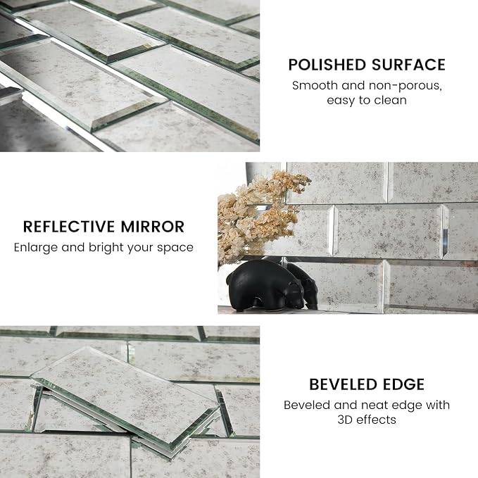 Peel and Stick Light Antique Mirror Subway Tile 3 x 6 Inch Beveled Mirror Tiles for Kitchen Backsplash Bathroom Wall （40 Pcs） - Image 5