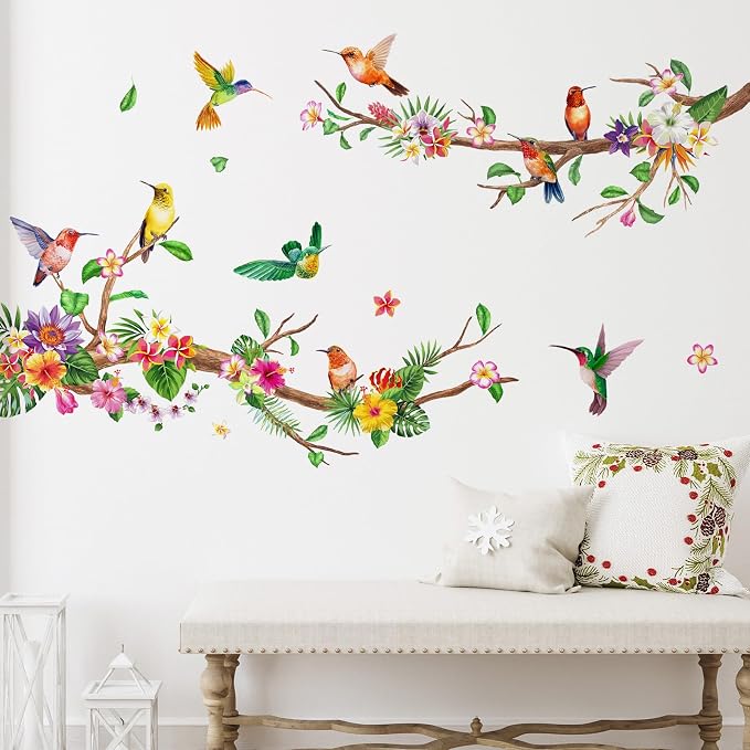 Zonon 6 Pcs Flower Wall Decals Peel and Stick Sticker, Hummingbirds | Vinyl Removable Wall Stickers & Murals, Hummingbirds Wall Decals, Wildflower Decor for Bedroom, Living Room, Nursery by Zonon