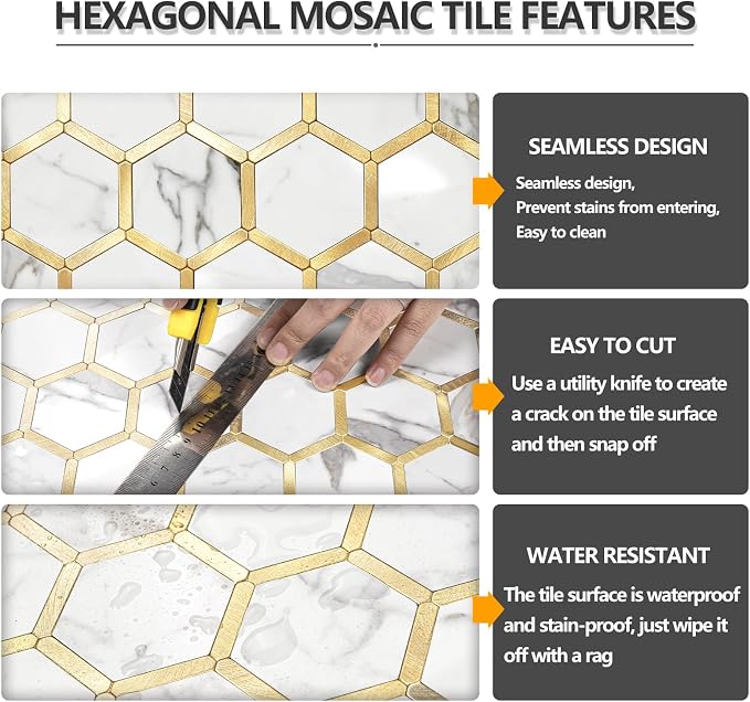 STICKGOO Hexagon Peel and Stick Backsplash Tile, Stick on Backsplash for Kitchen and Bathroom, Glossy Carrara White PVC Mixed Metal Gold Self Adhesive Wall Tiles(10 Sheets, Seamless) - Image 4