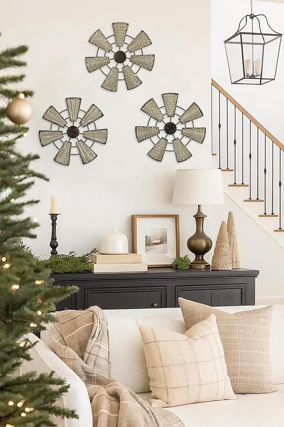 Briful 12" Wall Décor Pack of 3 Metal White & Black Windmill Radial Plate Wall Art Modern Accent Hanging Wall Decorations For Home Office Living Room Wall Sculptures - Image 3