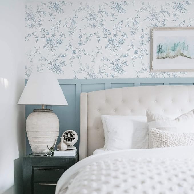 Ismoon Blue Wallpaper Peel and Stick Floral Vintage Stick on Wall Paper French Textured Contact Paper for Cabinet Removable Self Adhesive Wallpaper Vinyl Roll Shelf Deco, 17.3x393in - Image 4