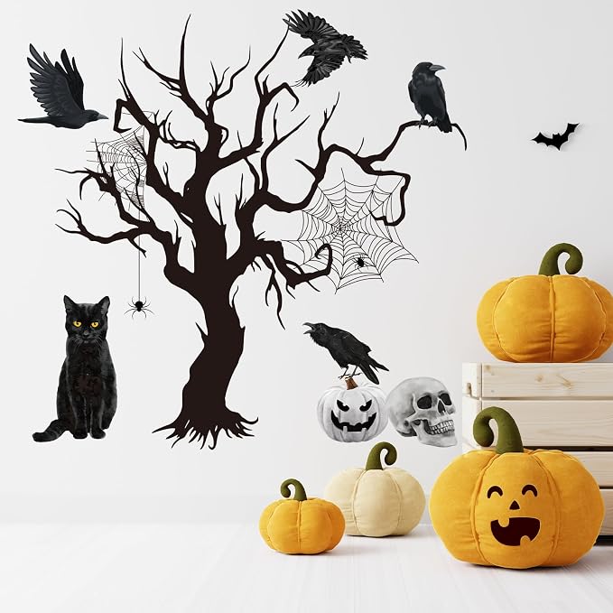 Wxiben Halloween Wall Decals Decor, 4 Pcs Halloween Wall Stickers | Skull Black Cat Tree Crow Removable Murals, Peel and Stick Decal for Home Decor Halloween Party Supplies - Image 3