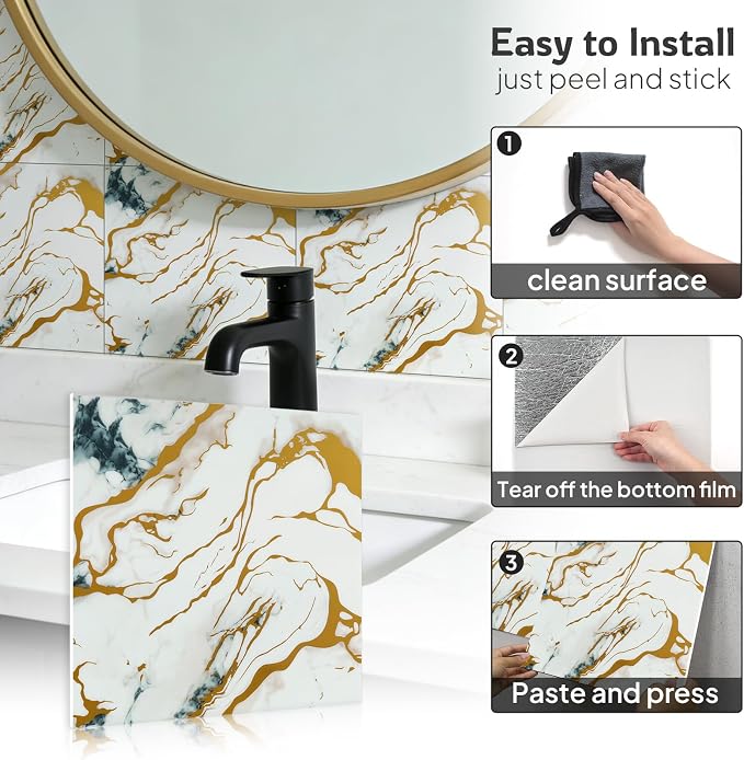 Marble-Effect Peel and Stick Backsplash, 30 Sheets PVC Wall Panels, Self-Adhesive Waterproof for Kitchen, Bathroom, 11.8" x 11.8" - Image 5