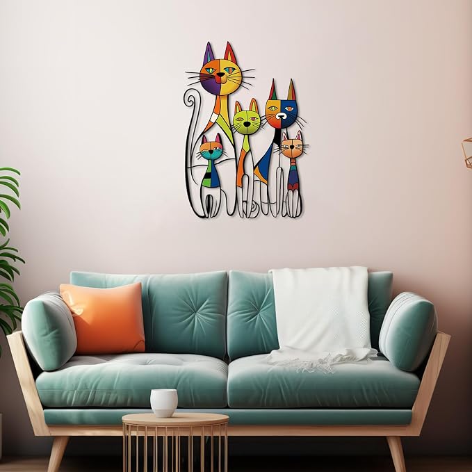 Wesiti Cat Wall Art Metal Sculpture, Colorful Mid Century 10.6x15.7 Inch | Iron Metal Wall Decor for Cat Lovers, Retro Geometric Art Design, Ideal for Living Room Bedroom Office - Image 5