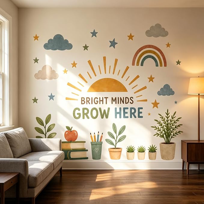 Boho Sun Wall Decal Watercolor Modern Half Sun Wall Decal Sun Cloud Wall Stickers Vinyl Sticker for Classroom Playroom Bedroom Wall Decor by Denylopro