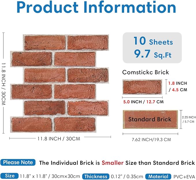 COMSTICKC 3D Faux Brick Wall Panels Peel and Stick, 10 Pcs 11.8" x 11.8" | Red, Not Real Brick, Small Size, Ultra-Light Thin PVC Sticker, Fake Brick Decorative Tiles for DIY Decor, Cover 9.7 sq ft - Image 3