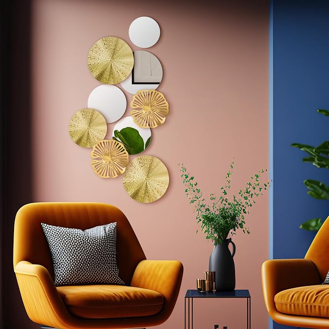 Hicarer 9 Pcs Gold Mirror Wall Decor Round Metal Art Decor Decorative Modern Circle Mirror Wall Art Sculpture Hanging Decorations for Home Living Room Bedroom Office(Gold) - Image 4