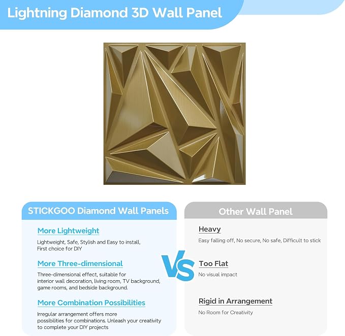 STICKGOO 3D Wall Panels for Interior Wall Decor, 12''x12'', PVC, 33 Pack | Brushed Gold Diamond Design, Waterproof Accent Wall Panels for Bedroom, Gaming, Living Room, TV Background, Cover 32.Sq.Ft - Image 5