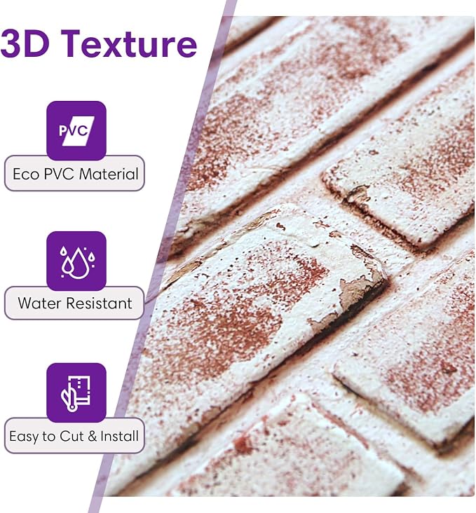 3D Faux Brick Wall Panels Peel and Stick, Designed for Quick DIY | White with Red, 10 Pcs 15.7" x 11.8", Brick-Look, Light PVC Fake Brick Covering Tiles for Wall Renovation, Cover 12.9 sq ft - Image 3