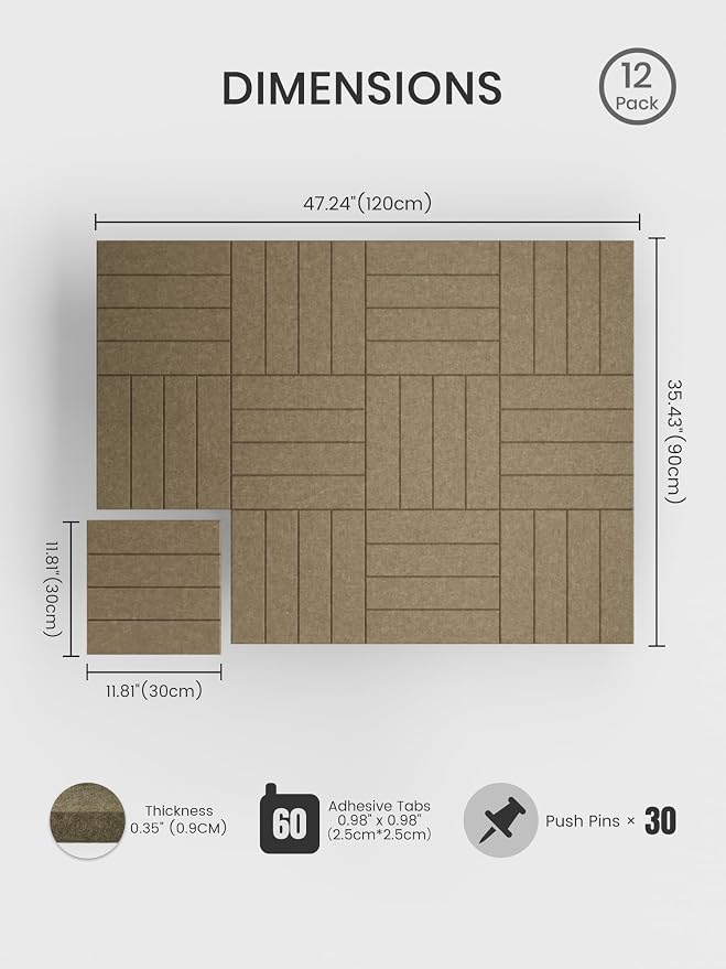 Bumusty 48"x 36" Large Felt Bulletin Board Tiles, Earth Brown | 12-Pack Cork Board Alternative, Wall Decor, 30 Pushpins, 60 Adhesive Tabs, Vision Board, Office, Classroom, Home, Dorm - Image 2