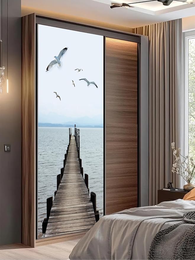 artfanke 3D Peel and Stick Door Sticker 33.5"x84.6"-Self-Adhesive Door Wallpaper Murals Decal-Wood Bridge Birds Wall Poster for Bedroom Home Decor (2 Sheets/Set) - Image 6