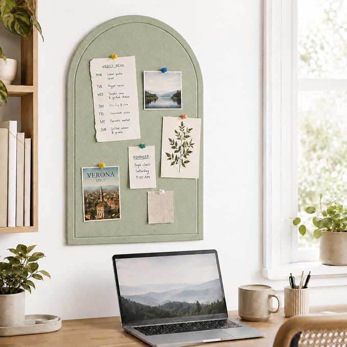 Large Arched Felt Bulletin Board, Sized 36" x 24" for Office & Wall Decor – 6 Customizable Adhesive Tiles with Pins are Perfect to Display Your Photos (Sage Green-B) - Image 7