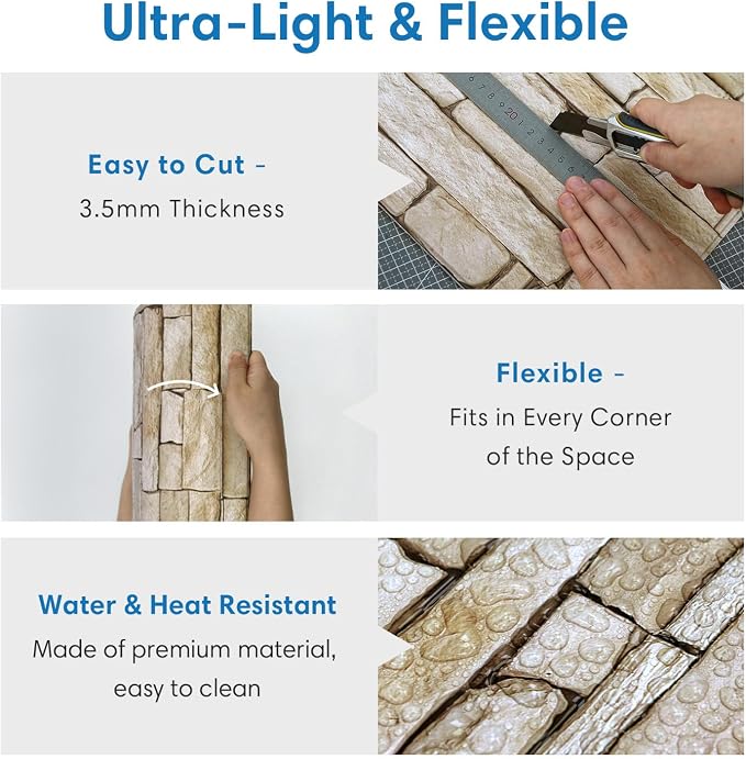 COMSTICKC 3D Faux Stone Wall Panels Peel and Stick, 10 Pcs 11.8" x 11.8" | Light Brown, Not Real Stone, Ultra-Light Thin PVC 3D Fake Rock Decorative Covering for DIY Interior Decor, Cover 9.7 sq ft - Image 4