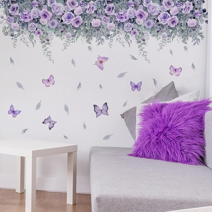 TUOKING Purple Rose Wall Stickers Removable Butterfly Wall Murals | Peel and Stick Wall Art Decal Home Decor for Kitchen,Bedroom,Living Room(MS2306) - Image 4