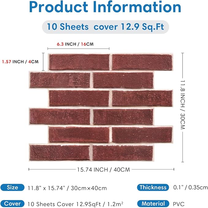 COMSTICKC 3D Peel and Stick Faux Brick Wall Panels for Quick DIY Wall Decor | Red, 10 Pcs 15.7" x 11.8", Not Real Brick, Lightweight Thin PVC Decorative Wall Sticker for Wall Makeover,Cover 12.9 sq ft - Image 5