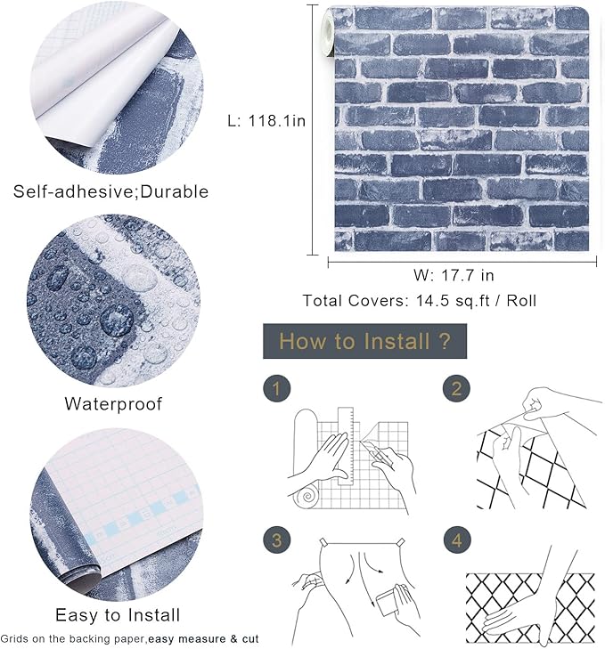 Timeet Blue Brick Wallpaper Peel and Stick Wallpaper 17.7" x 118.11" Self-Adhesive Removable Brick Textured Wallpaper Waterproof Backplash Living Room Wall Decor - Image 4