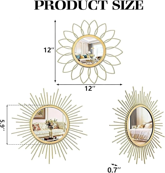 Boho Sunburst Wall Mirror Set of 3, 12 Inch Round Antique & Modern Metal Wall Art, Hanging Over The Door Mirrors for Wall Decor in Living Room, Bedroom, Bathroom, Entryway（Gold） - Image 3