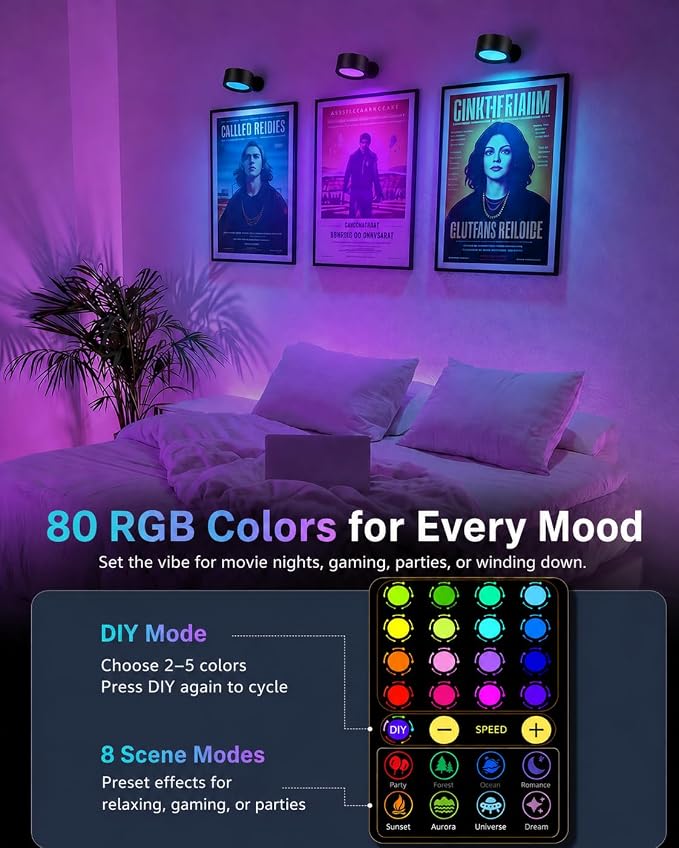 Rechargeable RGB Wall Sconces with Remote, Dimmable 360° Lights | 80 RGB Colors, 3 Color Temperatures, Remote and Touch Control, Ideal for Gaming Rooms and Bedrooms - Image 2