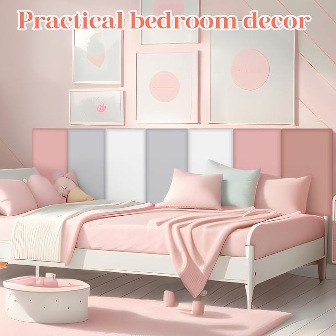 Hahafelt 12 Pack Wall Padding for Playroom Peel and Stick Headboard 15.75" x 7.87" x 1.18" 3D Anti Collision Upholstered Wall Panels Self Adhesive Headboard Panel for Protection (Pink Colors) - Image 3