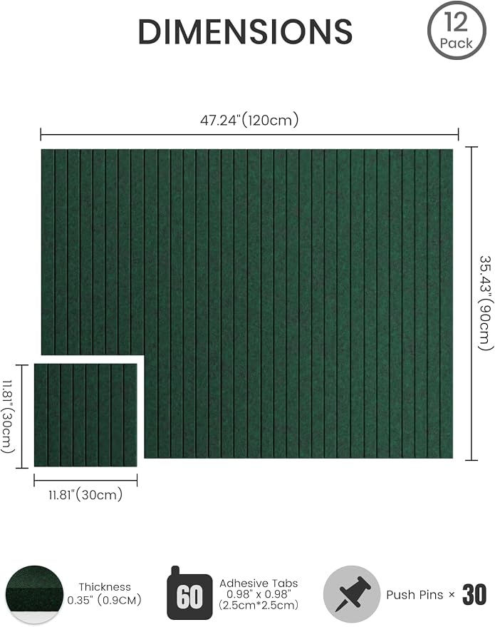 Bumusty 48"x 36" Large Felt Bulletin Board Tiles, Pine Green | 12-Pack Cork Board Alternative, Wall Decor, 30 Pushpins, 60 Adhesive Tabs, Vision Board, Office, Classroom, Home, Dorm - Image 2