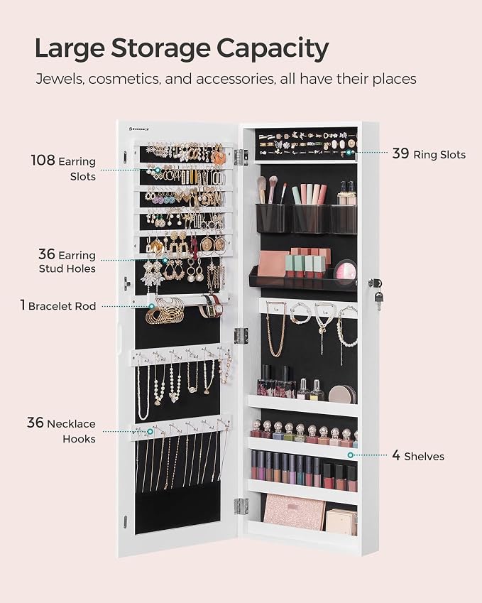 SONGMICS Mirror Jewelry Cabinet Armoire, Wall or Door Mounted, Lockable - Image 3
