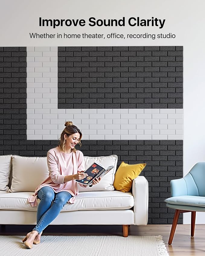 Soundsbay 18-Pack Brick Acoustic Panels, Self-Adhesive, 12"X12" | Covers 17.4 sq ft, 150kg/m³ High-Density Polyester, Soundproof Wall Panels for Recording Studio, Home Theater, Office Black - Image 4
