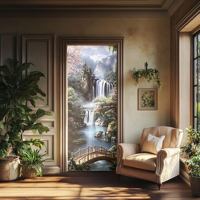 arricraft 2 Pcs Self-Adhesive Door Sticker, 31.5"x78.7" Mountain and Waterfall Pattern Door Murals Stickers PVC Door Removable Wallpaper Decoration for Bedrooms ​Living Room by ARRICRAFT