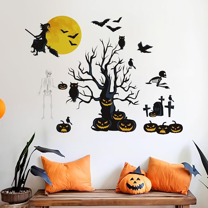 Halloween Wall Decals Large Spooky Dead Tree Pumpkin Wall Sticker Witch Flying to Moon Skeleton Bats Owl Graves Removable Vinyl Window Clings DIY Haunted House Holiday Home Party Decorations - Image 7